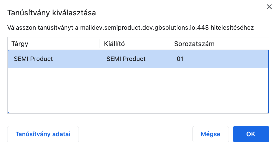 A megfelelő tanúsítvány kiválasztására szolgáló felugró ablak Google Chrome-ban