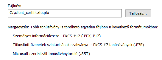 Tanúsítvány-fájl kiválasztása a Tanúsítvány-varázslóban Windows-on