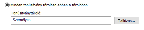 A "Személyes" tanúsítvány-tároló kiválasztása a Tanúsítvány-varázslóban Windows-on
