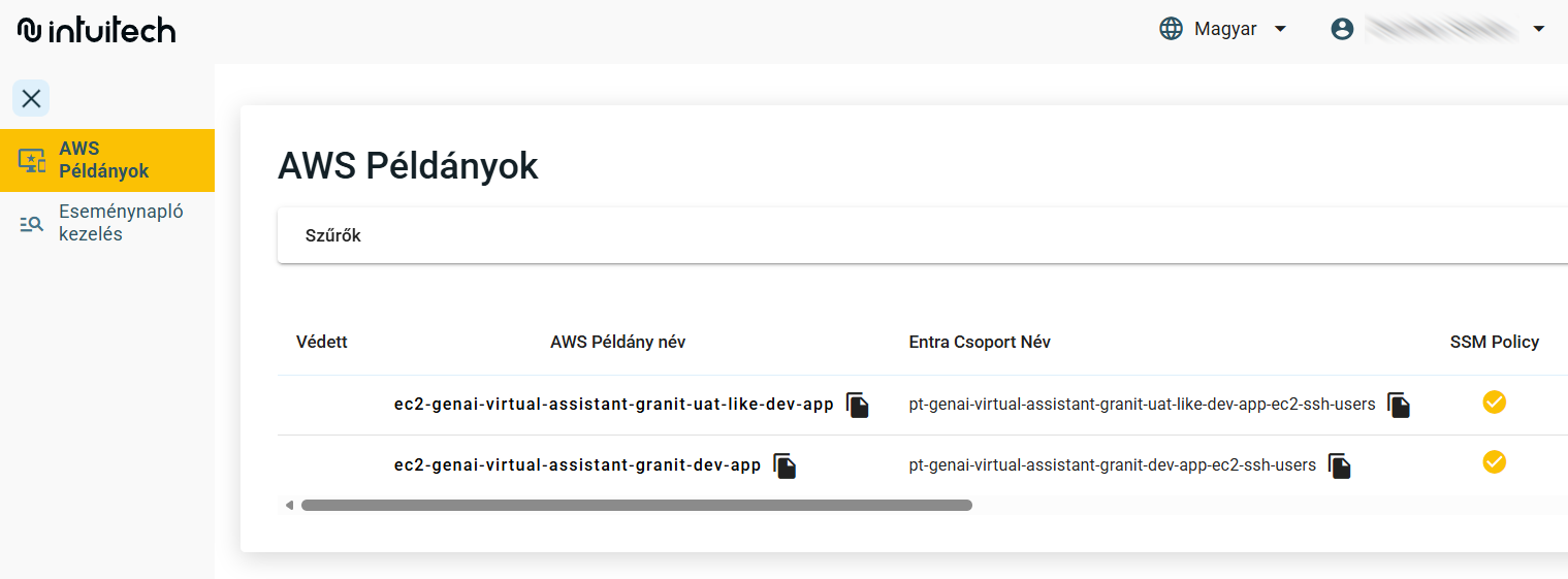 A DevEnvPortal nyitólap a Gránit Guru jelenlegi környezeteit mutatva
