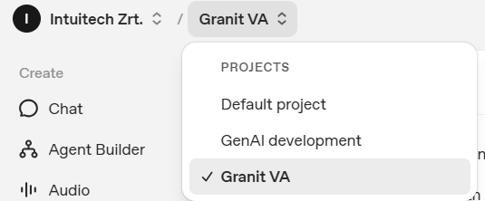 Projekt kiválasztása az OpenAI oldalán