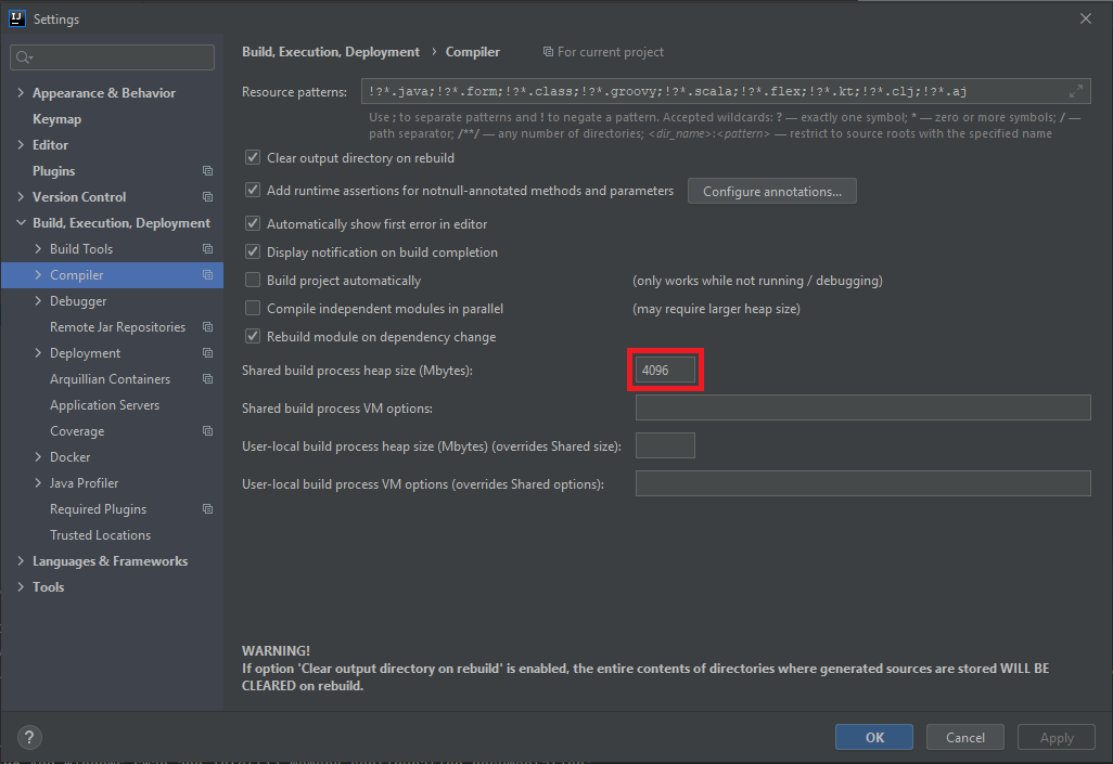 Build heap méretének beállítása