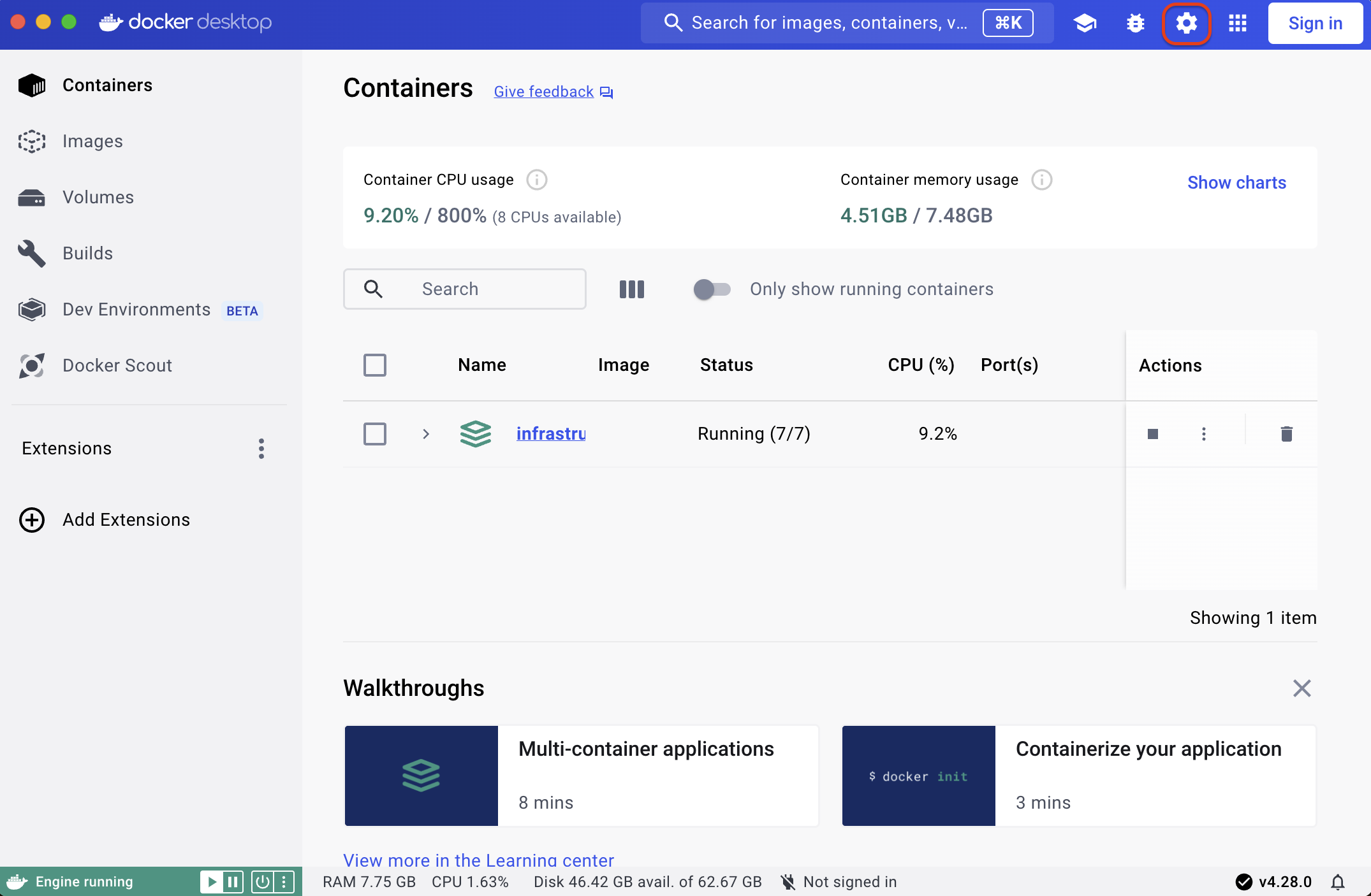 Beállítások megnyitása Docker Desktop-ban