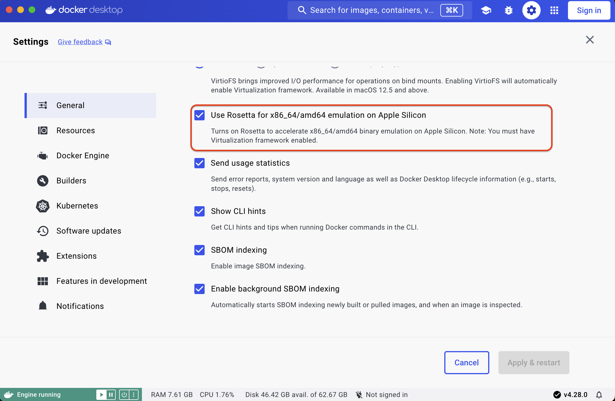 Rosetta emulátor bekapcsolása Docker Desktop-ban